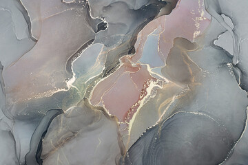 Abstract liquid ink painting background in pink black colors with golden splashes