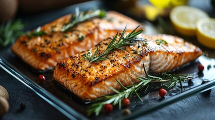 Close up of delicious salmon garnished with rosemary and lemon