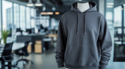 A blank hoodie in deep charcoal grey on a mannequin, with a blurred modern office background, symbolizing professionalism and sleek design.