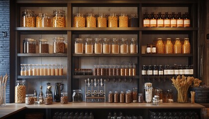 Premium Craft Beer Malt Drinks Arranged on Bar Counter with Glasses