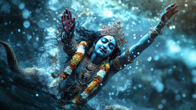 A divine illustration of Krishna, with a crown of jewels and garlands of flowers, dancing on the serpent Kaliya in the Yamuna river, with heavenly light illuminating the scene.