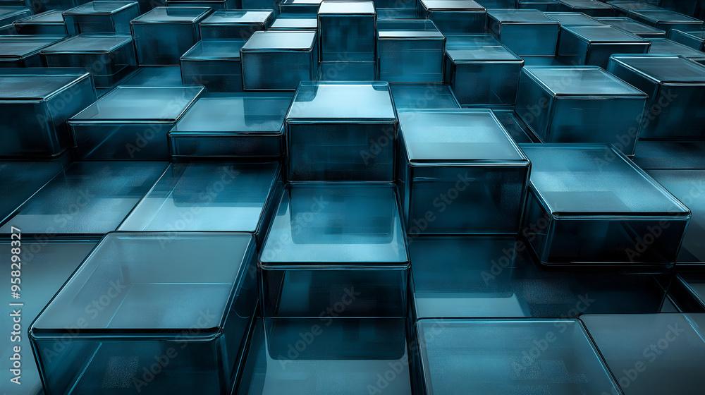 Aufkleber abstract arrangement of translucent blue cubes stacked in a geometric pattern, creating a modern vis