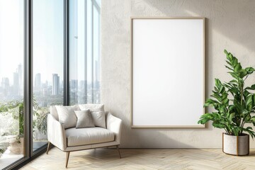 Poster Frame in Beige minimalist living room interior created with generative AI