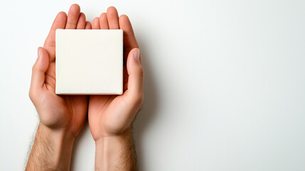 Obraz premium Two hands offering a bar of soap, symbolizing cleanliness, isolated on a white background.