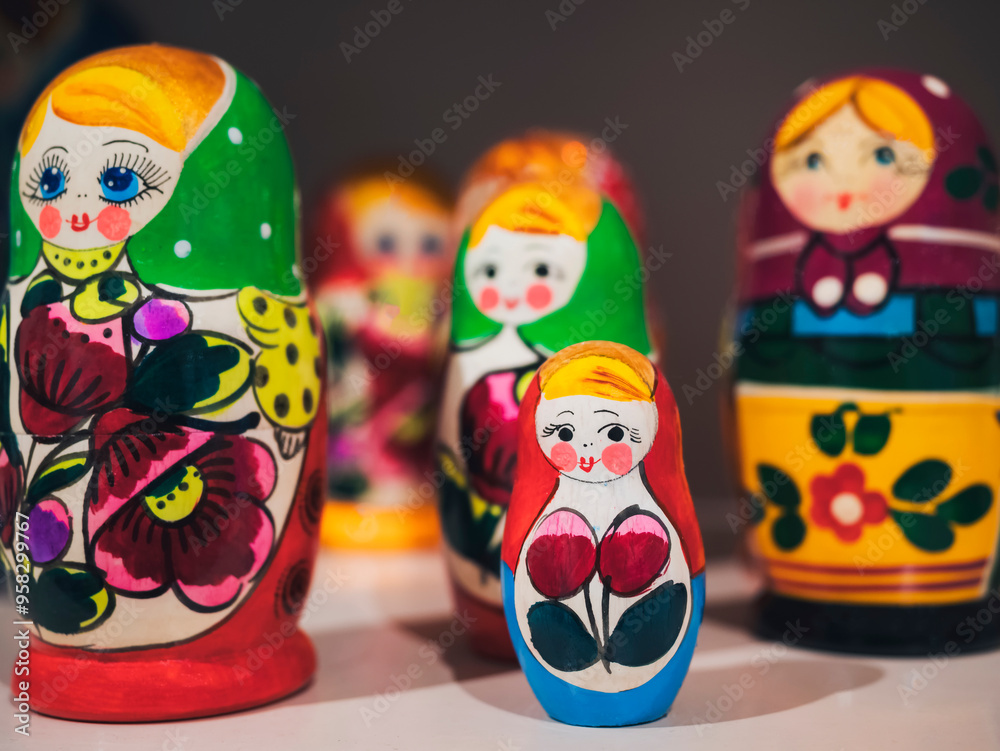 Wall mural Russian dolls Colorful Craft painted dolls souvenir shop