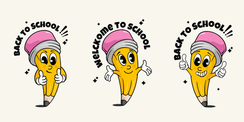 back to school set card with cartoon groovy pencil
