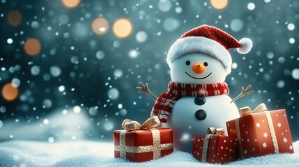 Fototapeta premium Smiling snowman with a red scarf and Santa hat, surrounded by snow and gift boxes, against a blurred snowy background with bokeh lights