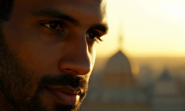 Contemplative Egyptian Man at Sunset by Panoramic Windows