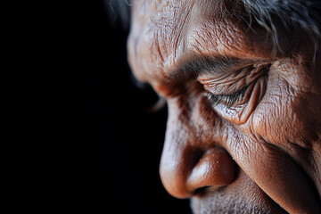 Indigenous Elder deep thought close-up mental health depression awareness cultural sensitivity healthcare campaigns Australian banner copy space black background