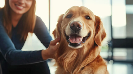 Golden retriever smiling while woman petting him, creating warm and friendly atmosphere in office.