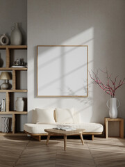 Modern 3D Render of Minimalist Interior with Wooden Frame, Cozy Sofa, and Elegant Decor Elements