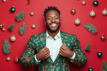 Happy guy having fun at New Year or Christmas party. A handsome black man wearing suit with Christmas pattern, smiling.
