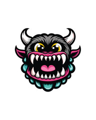 Cartoon monster with big eyes, sharp teeth and horns.