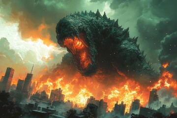 kaiju chaos cityscape dynamic comic book illustration depicting colossal monsters wreaking havoc in an urban environment with bold colors dramatic perspectives and exaggerated action