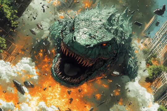 kaiju chaos cityscape dynamic comic book illustration depicting colossal monsters wreaking havoc in an urban environment with bold colors dramatic perspectives and exaggerated action
