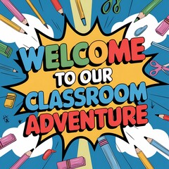 School education concept in cartoon style. Back to school. Welcome text on chalkboard with colored pencils and space for text. Creative web banner or web template