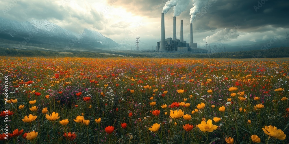 Sticker vibrant wildflower field contrasting against industrial smokestacks under a dramatic sky, illustrati