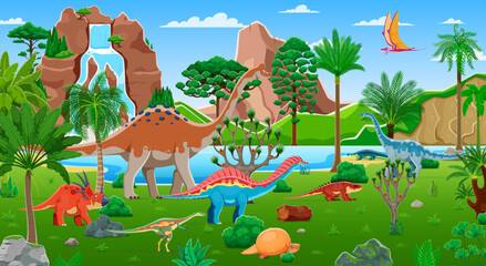 Cartoon prehistoric dinosaurs characters and Jurassic lizards in jungles forest, vector background. Kids dino park or paleontology museum and dinosaurs atlas with funny lizards of prehistoric era © Vector Tradition