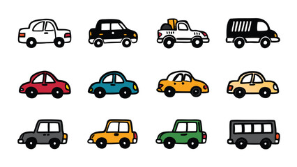 A set of hand-drawn doodle cars in a scribble style with a variety of colors and styles.