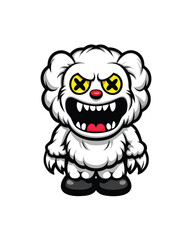 Cartoon monster with white fur, yellow eyes with an X, red nose, and a big toothy grin.