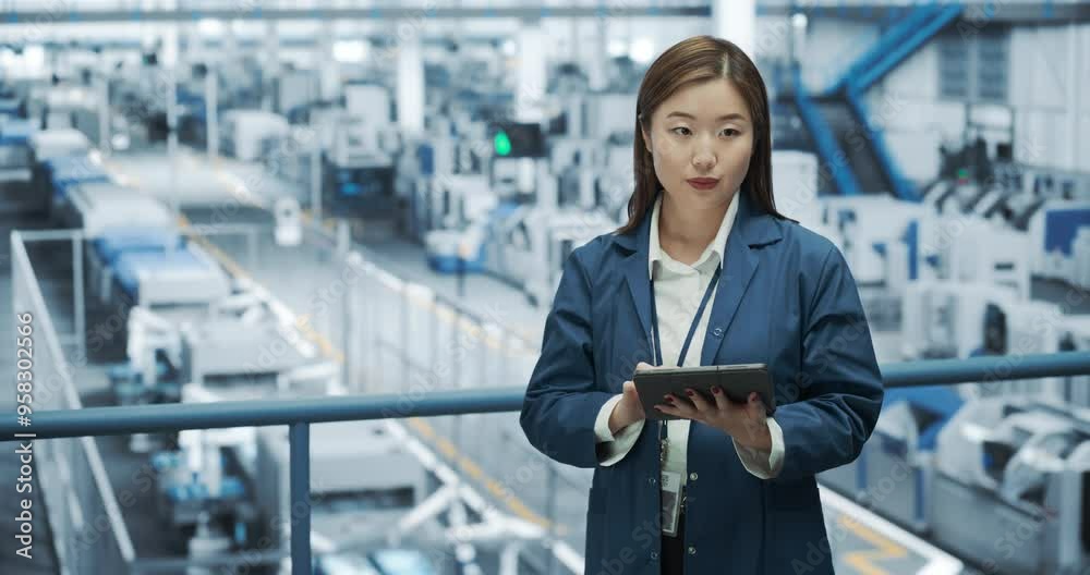 Poster Portrait of a Beautiful Japanese Engineer Using Tablet Computer and Looking Around a Factory Facility with Equipment Producing Modern Electronic Components for Different Industries