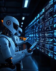 Fototapeta premium Futuristic robots interacting with digital data displays in a high-tech environment, showcasing advancements in technology and automation.