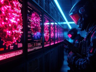 Futuristic scene depicting soldiers monitoring digital virus environments in a high-tech control room with neon lights.