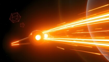 A futuristic spaceship with glowing engines and laser beams in a dark, atmospheric environment