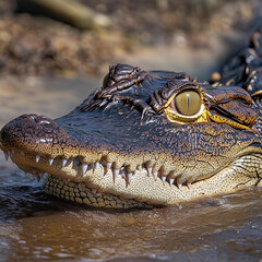 Obraz premium Young small crocodile closeup Australia dangerous animal wildlife predator water dangerous toothy reptile croc tour adventure travel tourism adventurous nature habitat fierce square campaign advert