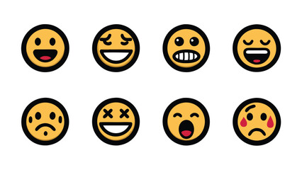 Fototapeta premium Set of 8 hand-drawn emoji faces with various expressions.