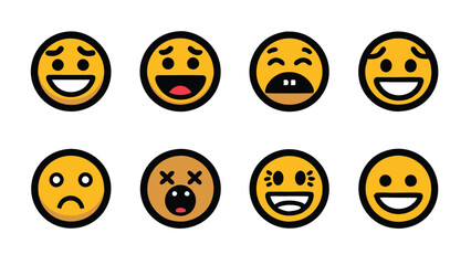 Set of eight hand-drawn doodle emoji faces, including happy, sad, surprised, and scared expressions.