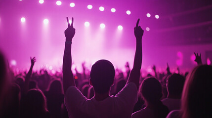 An action shot of a concert crowd cheering, captured in intense black and purple tones. The photo highlights the energy of the audience, with raised arms and ecstatic faces glowing under vibrant