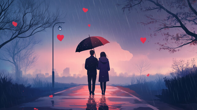 lovely romantic couple walking together under a shared umbrella, strolling along a deserted road after a refreshing rain shower , seamless 4K Lofi looping animation for Valentine's day