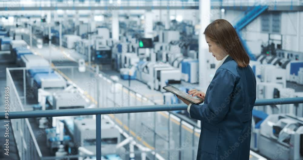 Poster Young Asian Female Engineer Standing on a Platform, Using Tablet Computer at an Electronics Factory. Machines are Undergoing Maintenance, Specialist Monitoring the Progress Through Online Software