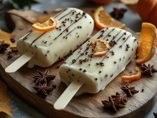 Fototapeta premium Indulge in creamy frozen treats topped with orange slices and chocolate, perfect for a refreshing dessert.
