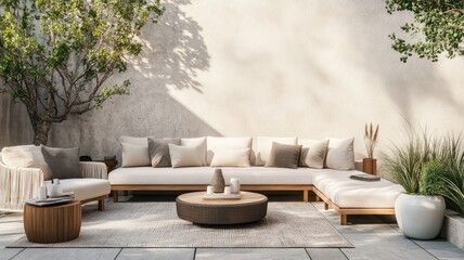 A serene outdoor patio with plush seating and neutral decor, creating a calm and relaxing atmosphere.