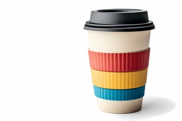 Eco-friendly reusable coffee cup featuring vibrant red, yellow, and blue silicone bands, with a black lid, isolated on white background.