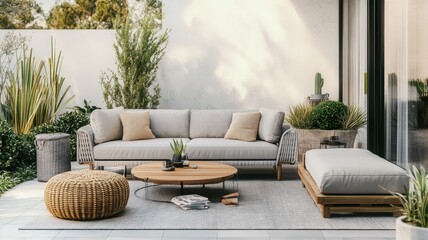 A tranquil outdoor patio with minimalist, neutral-toned furniture surrounded by lush greenery.