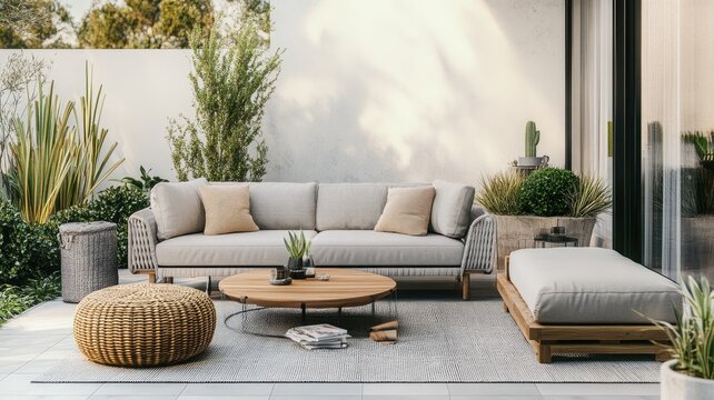 A tranquil outdoor patio with minimalist, neutral-toned furniture surrounded by lush greenery.