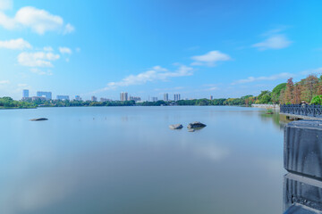 City park lake scenery with blue sky and white clouds