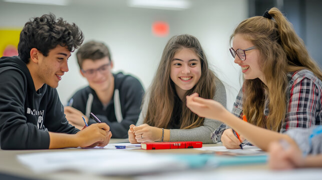 A teacher helping a student with their homework, both smiling and engaged.


