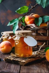 Obraz premium Homemade Peach Jam in Glass Jars with Fresh Peaches on Wooden Table