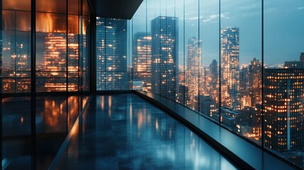 Empty Room with View of Illuminated City Skyline at Night