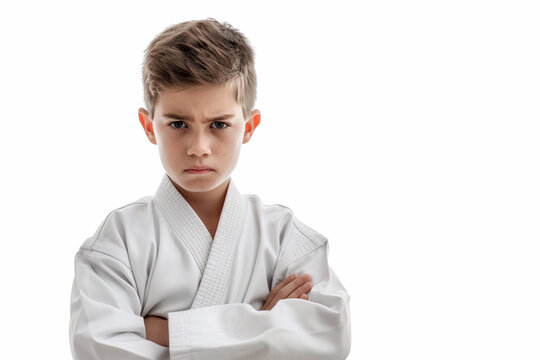 Determined teenage boy in a karate gi isolated on white background with copy space for text. Kid practicing martial arts