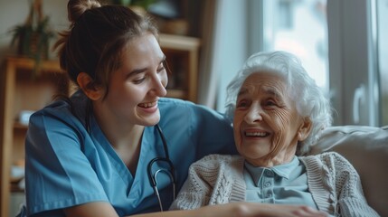 Obraz premium A home health care worker assists an elderly woman in her home 