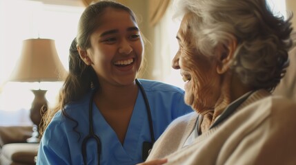 A home health care worker assists an elderly woman in her home	
