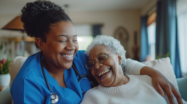 A home health care worker assists an elderly woman in her home	
