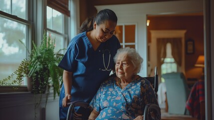 A home health care worker assists an elderly woman in her home	
