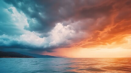 Fototapeta premium Stunning ocean view at sunset with vibrant clouds blending blue and orange hues, creating a serene atmosphere.