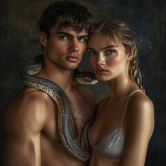 A modern portrayal of Adam and Eve with a sensual twist, featuring a beautiful couple and a snake, symbolizing temptation and innocence in a contemporary setting.
